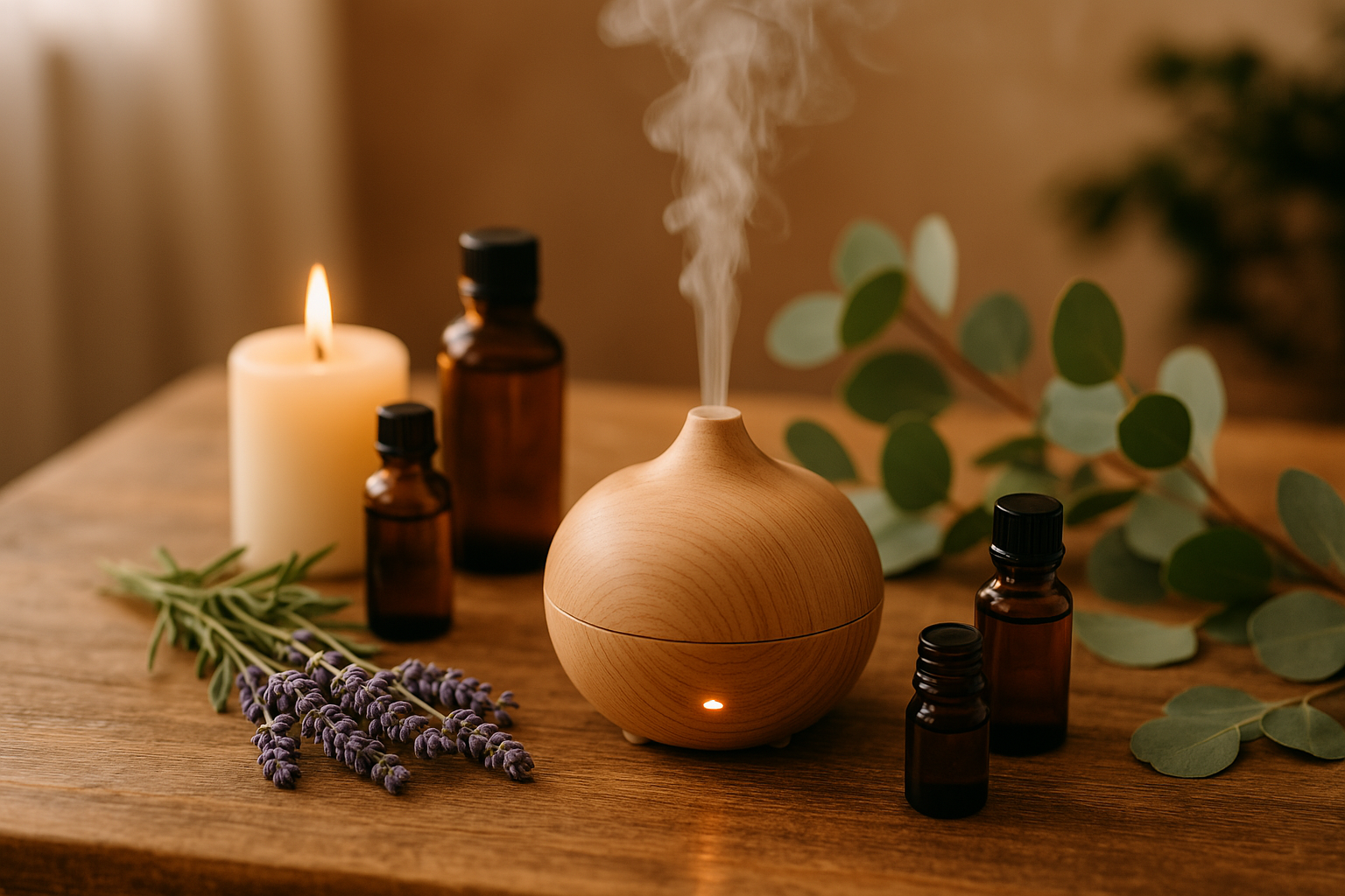 Holztisch mit Aroma-Diffusor, ätherischen Ölen, Lavendel, Eukalyptus und brennender Kerze in gemütlicher Wellness-Atmosphäre