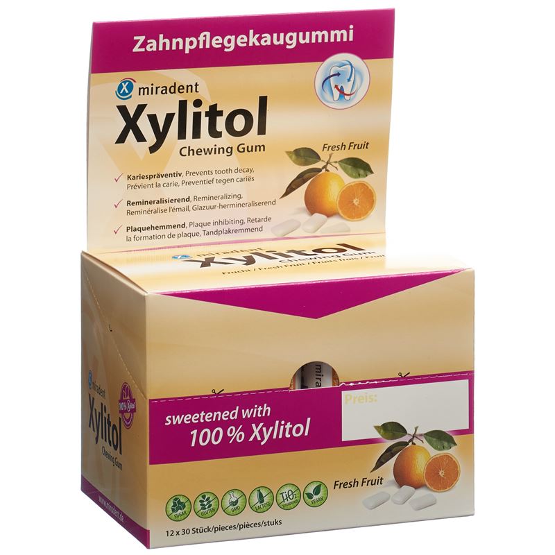 MIRADENT Xylitol Kaugummi Frucht 12 x 30 Stk