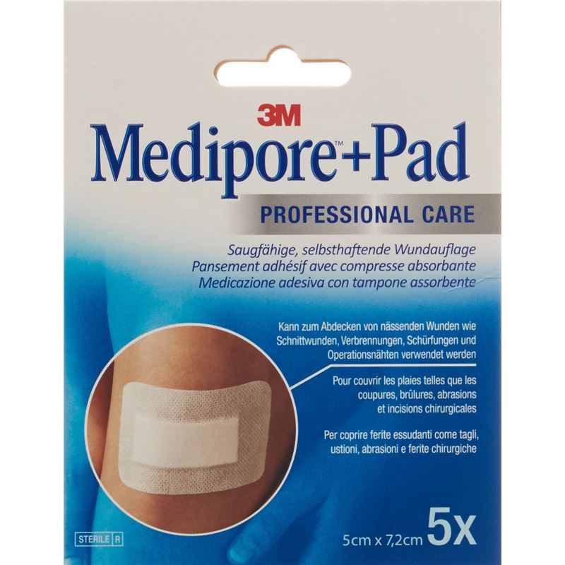 3M MEDIPORE+PAD 5x7.2cm Wundkisse 2.8x3.8cm 5 Stk